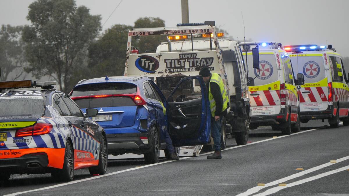 Emergency services at the scene of the crash on the Sturt Highway near Alfredtown on Thursday afternoon. Five people were assessed by paramedics and police are appealing for anyone with information to come forward. Picture: Andrew Mangelsdorf
