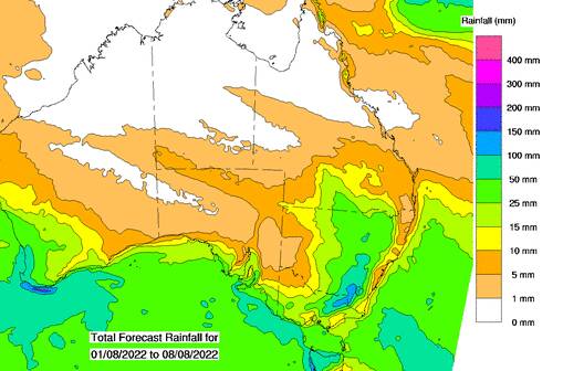 The bureau's forecast for total rainfall over the next eight days. Picture: Bureau of Meteorology
