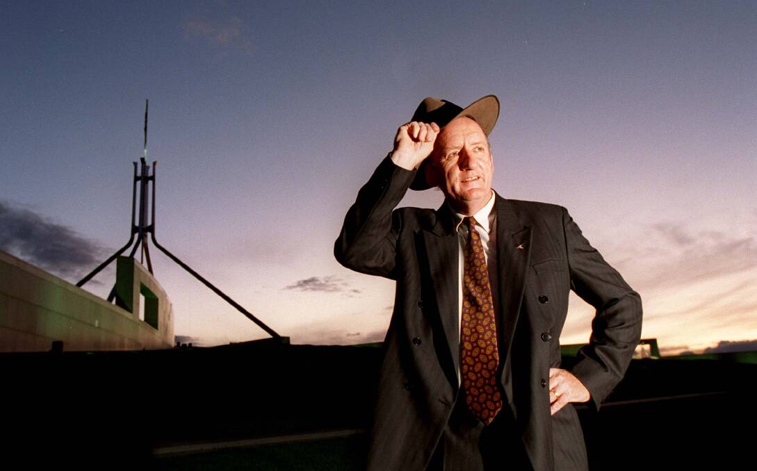 Deputy Prime Minister and Minister for Trade Tim Fischer in his Akubra at Parliament House on April 15, 1996. Picture: Andrew Meares