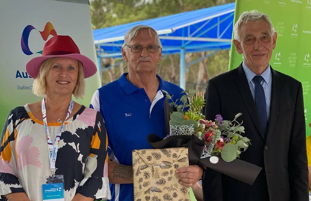 Narrandera Citizen of the Year Barry Mayne (centre) with Australia Day Ambassador Sarah Garnett and mayor Neville Kschenka. Picture: Narrandera Shire Council