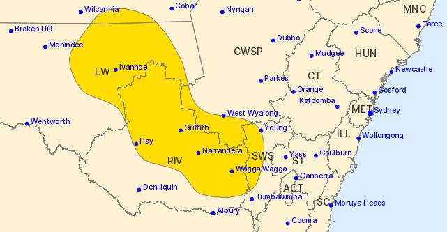 The area covered by the severe thunderstorm warning for damaging winds, issued at 5.34pm on December 10. Picture by Bureau of Meteorology