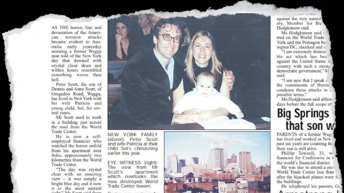 Peter Scutt and wife Patricia at their child Sols christening earlier in 2001. Inset:
The view from Mr Scutts apartment which overlooks the now destroyed World Trade Center towers.