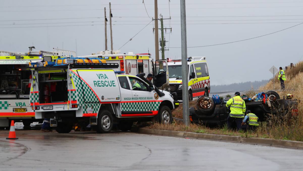 Emergency services at the scene of the crash at the Byrnes Road and East Bomen Road roundabout on October 26, 2020. Picture: Emma Hillier