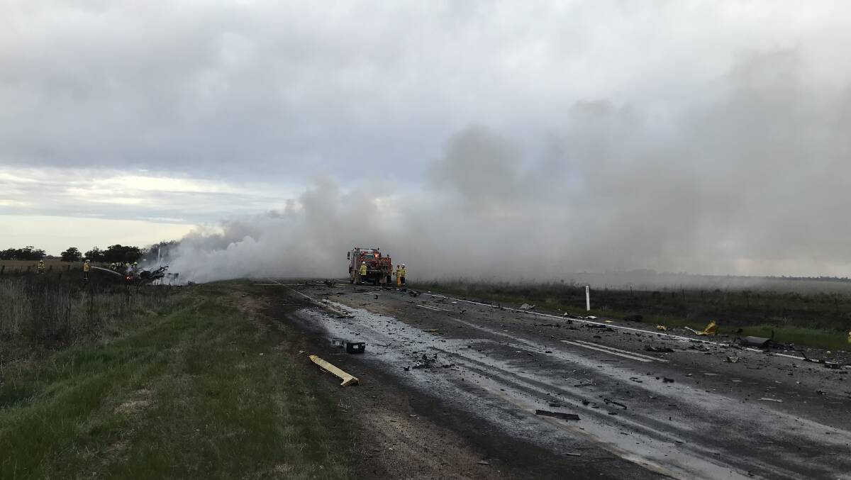 A truck driver has been charged over a fiery crash that claimed the life of a 24-year-old man on the Sturt Highway at Euroley, west of Narrandera, on September 4. Picture supplied 