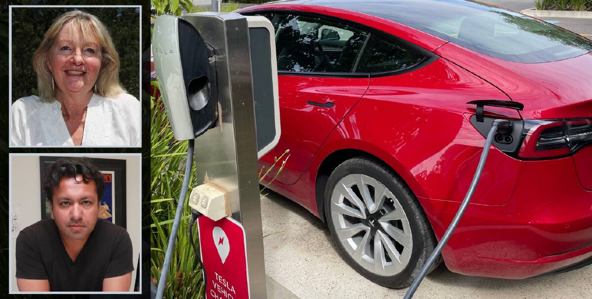 Charged up: A Tesla charges at the Wagga's Quality Hotel Rules Club yesterday. The city's deputy mayor Jenny McKinnon and Tesla owner Dev Mukherjee say electric vehicles are a great investment, particularly as fuel prices rise.