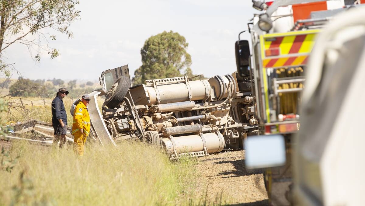 The scene of the truck rollover on Holbrook Road near Mangoplah on Sunday. Picture: Ash Smith