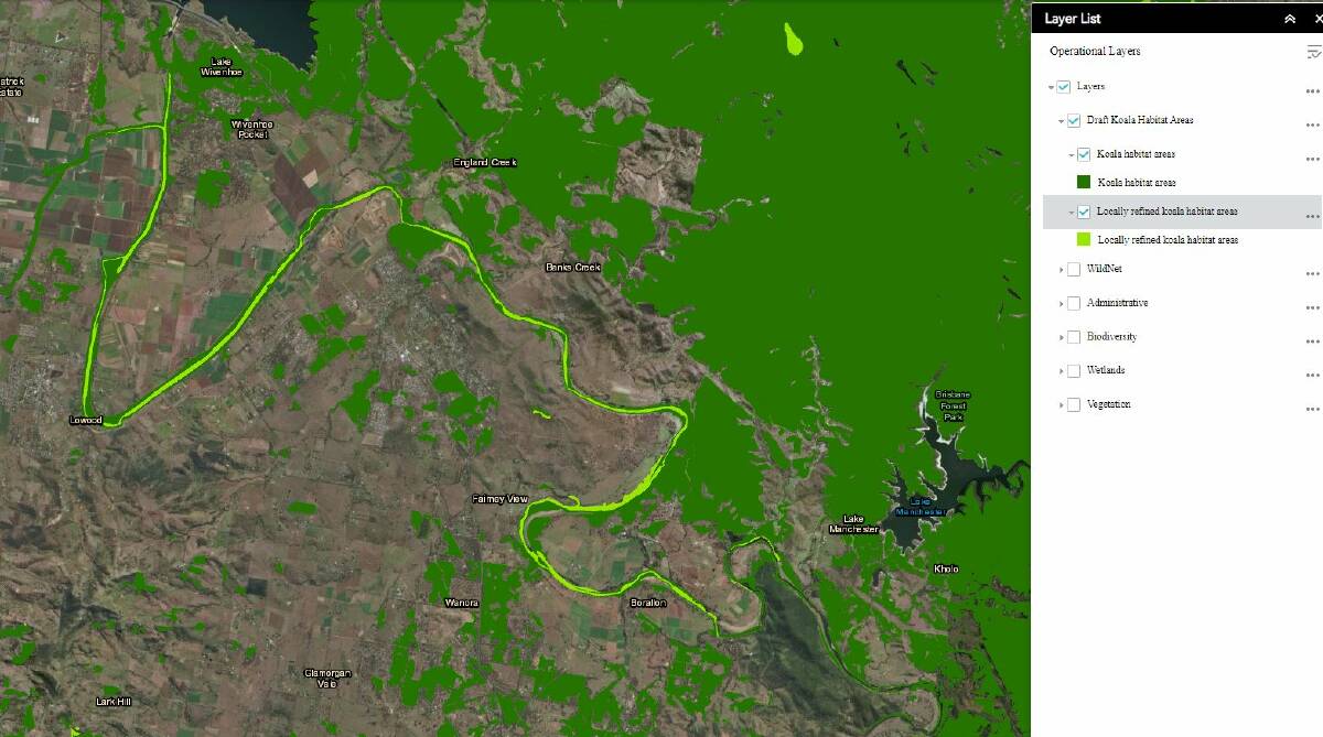 The water is the Brisbane River is mapped as koala habitat.