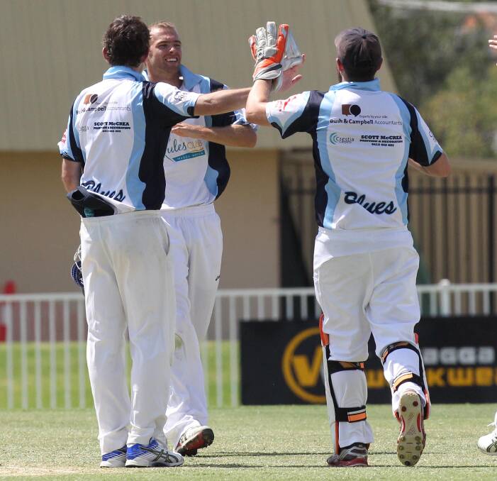 CELEBRATION: South Wagga players celebrate as Jake Hindmarsh takes another wicket on their way to a win over Kororingal Colts and the minor premiership. Picture: Laura Hardwick