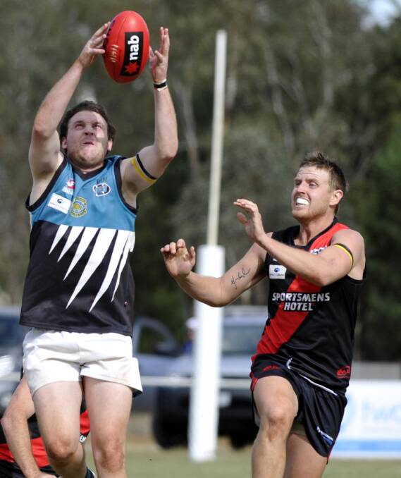 STRONG HANDS: Northern Jets' Michael Foster takes a mark in front of Marrar's Josh Hagar, who was playing his first game for the club since switching from Temora. Picture: Les Smith