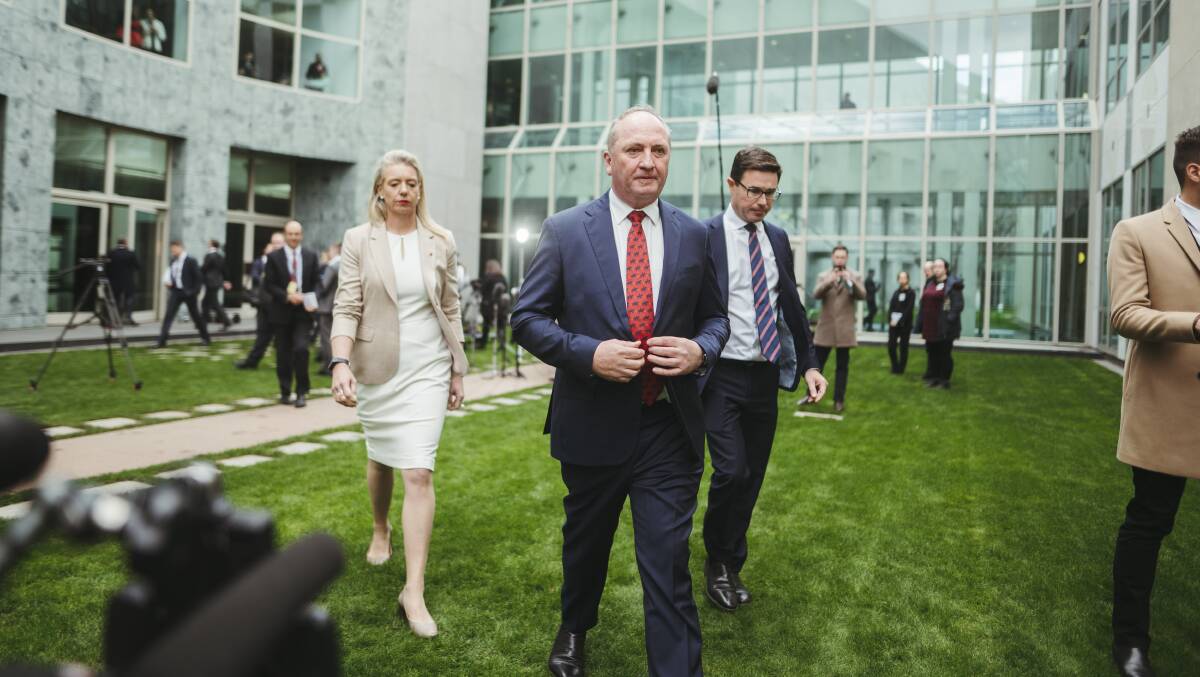Barnaby Joyce (centre) will face a challenge from David Littleproud (right) for the Nationals leadership. Picture: Dion Georgopoulos