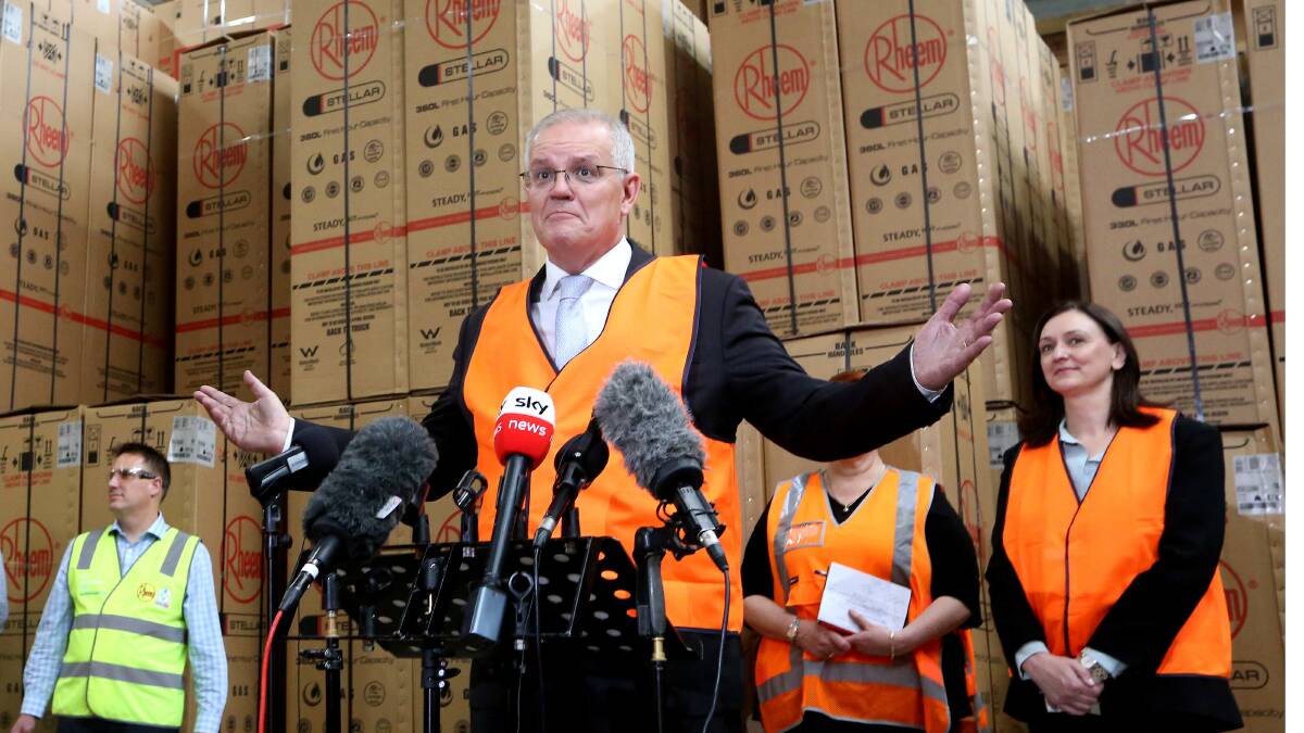 Prime Minister Scott Morrison visited Rheem Australia in western Sydney on the second day of the election campaign. Picture: James Croucher