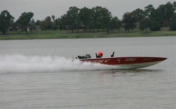 Warren O’Halloran pilots his powerboat across a rejuvenated Lake Albert, which has now been deemed safe to host the Barry Carne Memorial. The May event will feature up to 50 boats from home and interstate racing across the lake, providing a healthy injection of speed and revenue for Wagga. Picture: Addison Hamilton
