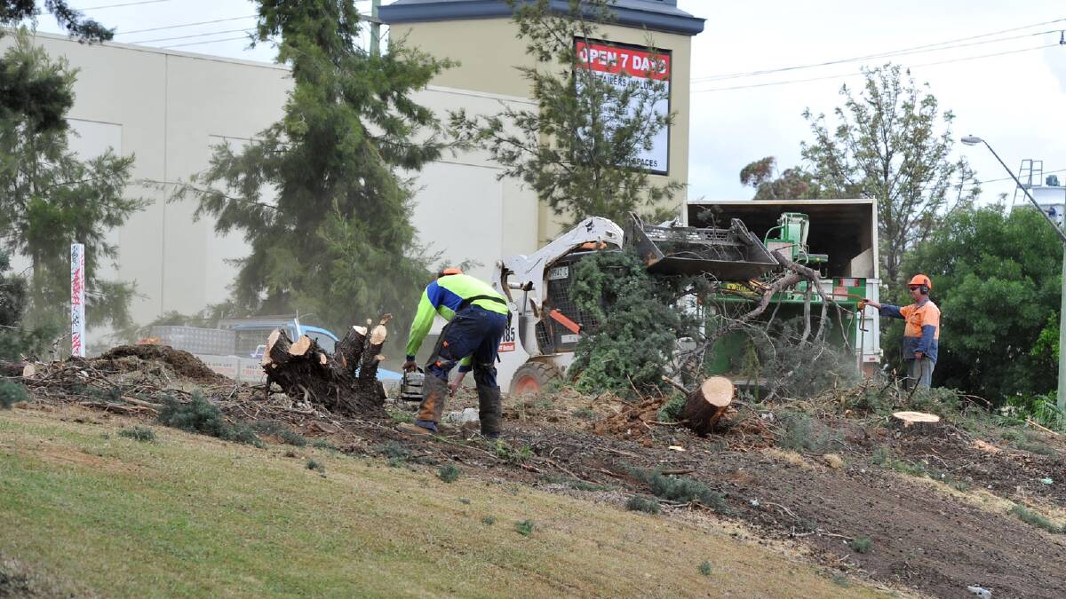 Workers removing trees and improving landscaping near the Homebase. Picture: Michael Frogley