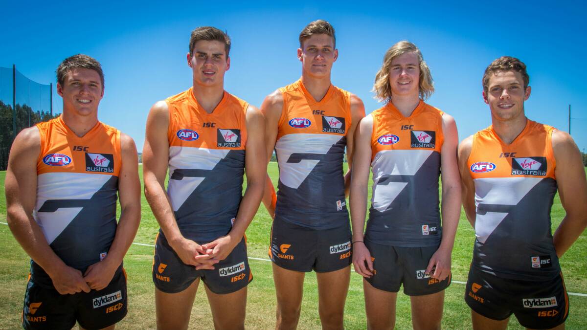 NEW GIANTS: Temora teenager Jake Barrett (left) with fellow new Greater Western Sydney draftees Tom Boyd, Rory Lobb, Cam McCarthy and Josh Kelly at training this week.