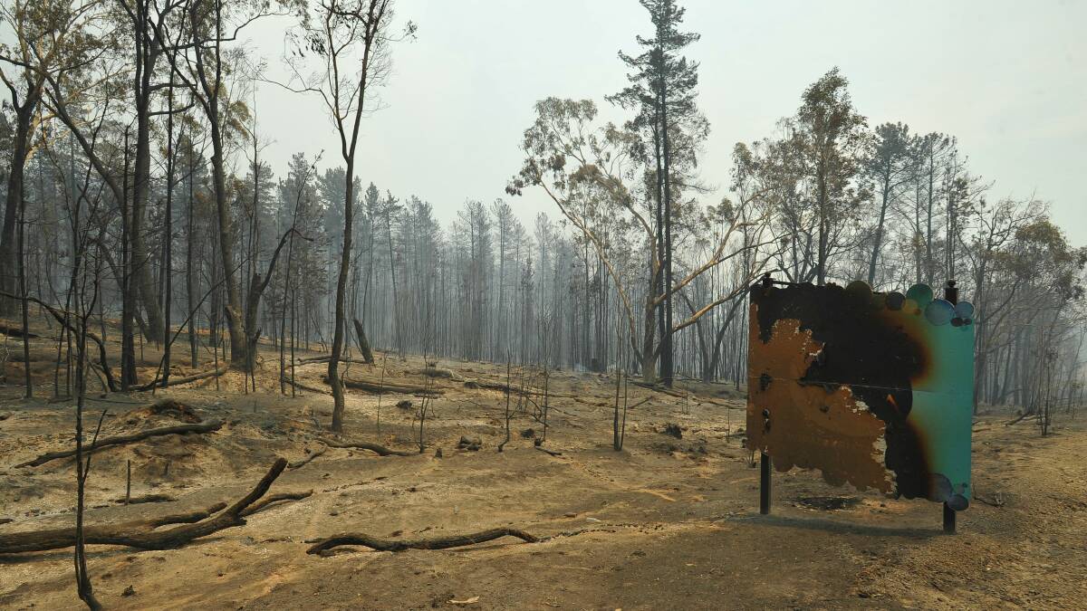 This sign and countless pine trees were obliterated by the Minnimbah bushfire. Picture: Les Smith