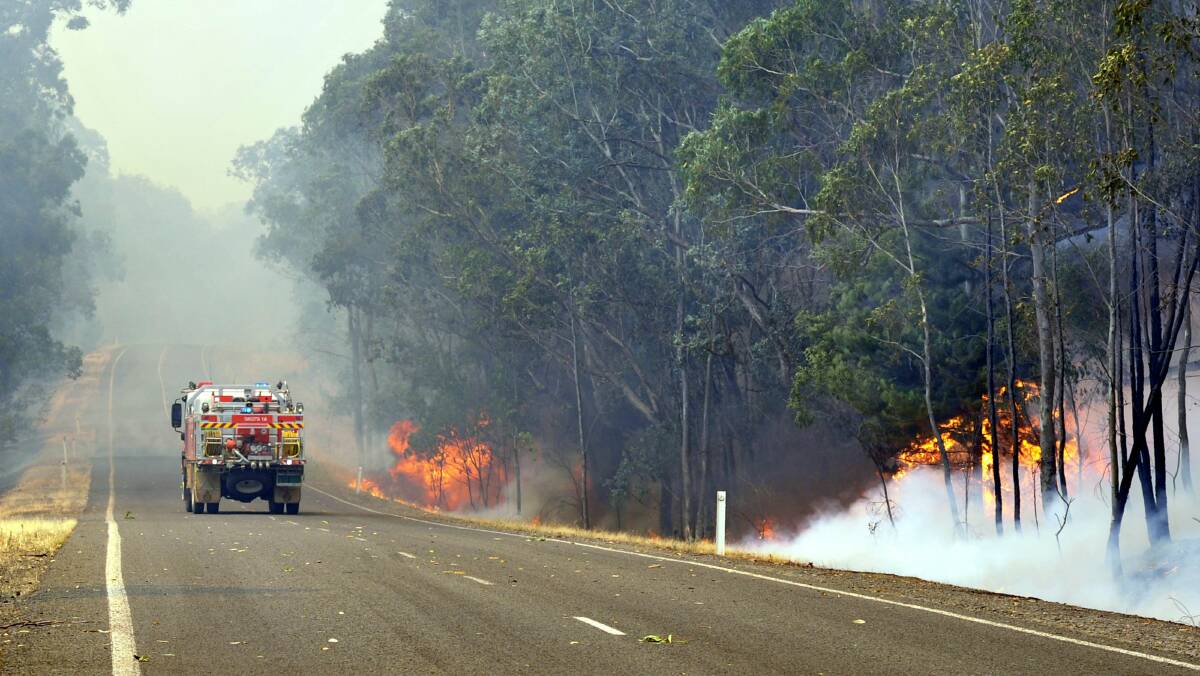 Trees catching fire on Tumbarumba Road yesterday. Picture: Les Smith