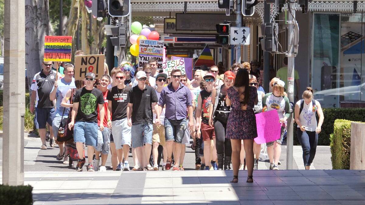 Supporters of marriage equality rallied in Baylis Street after the True Marriage Day rally. Picture: Alastair Brook
