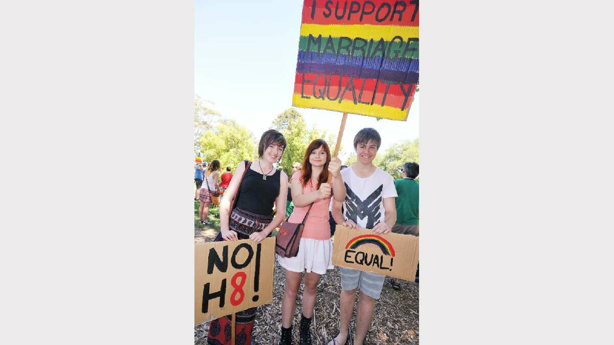 Chloe Harpley, Montee Bonnefin and Jaimes Aiken marched in support of marriage equality. Picture: Alastair Brook