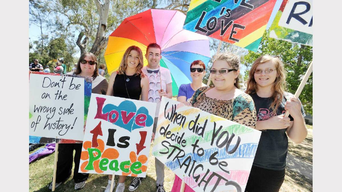Simone Richardson, Morgan Watts, Kieran Murphy, Katrina Gain, Staphenie Meachen and Katherine Trethowan marched in support of marriage equality. Picture: Alastair Brook