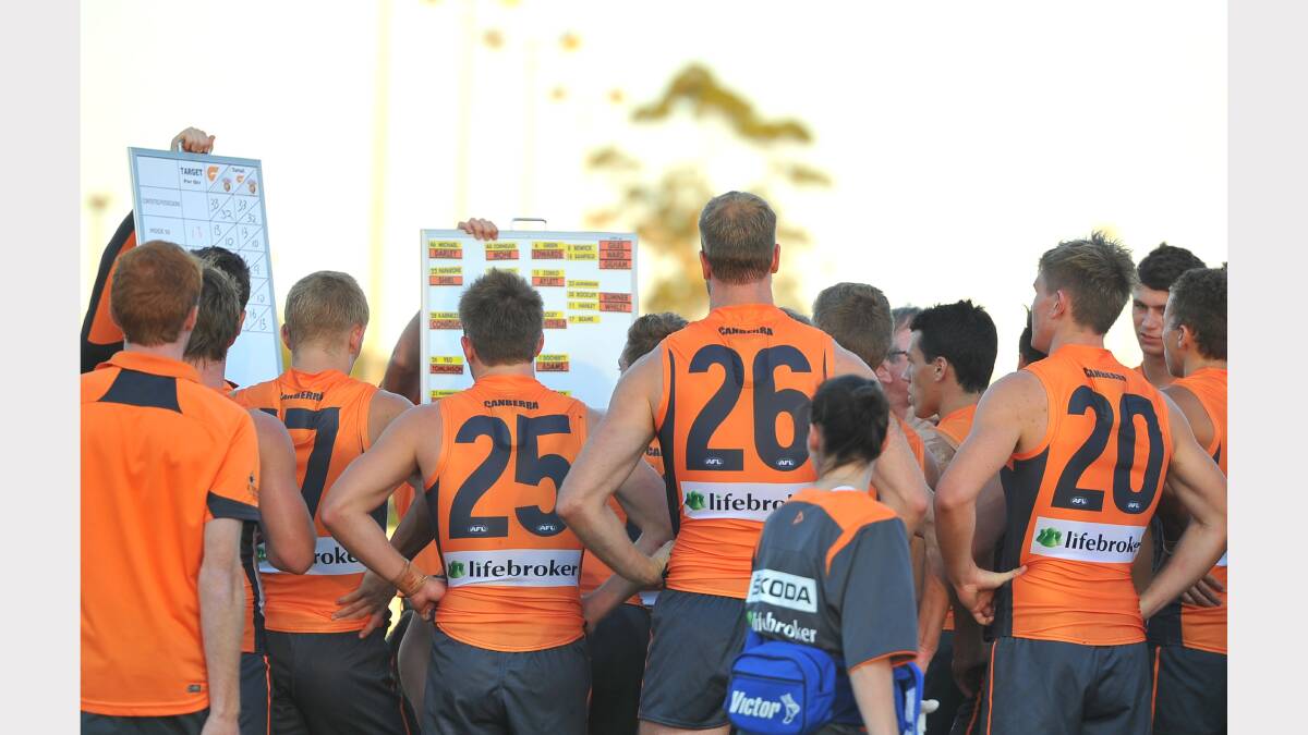 GWS v Brisbane at Robertson Oval - GWS players getting instructions in the pre game huddle. Picture: Addison Hamilton