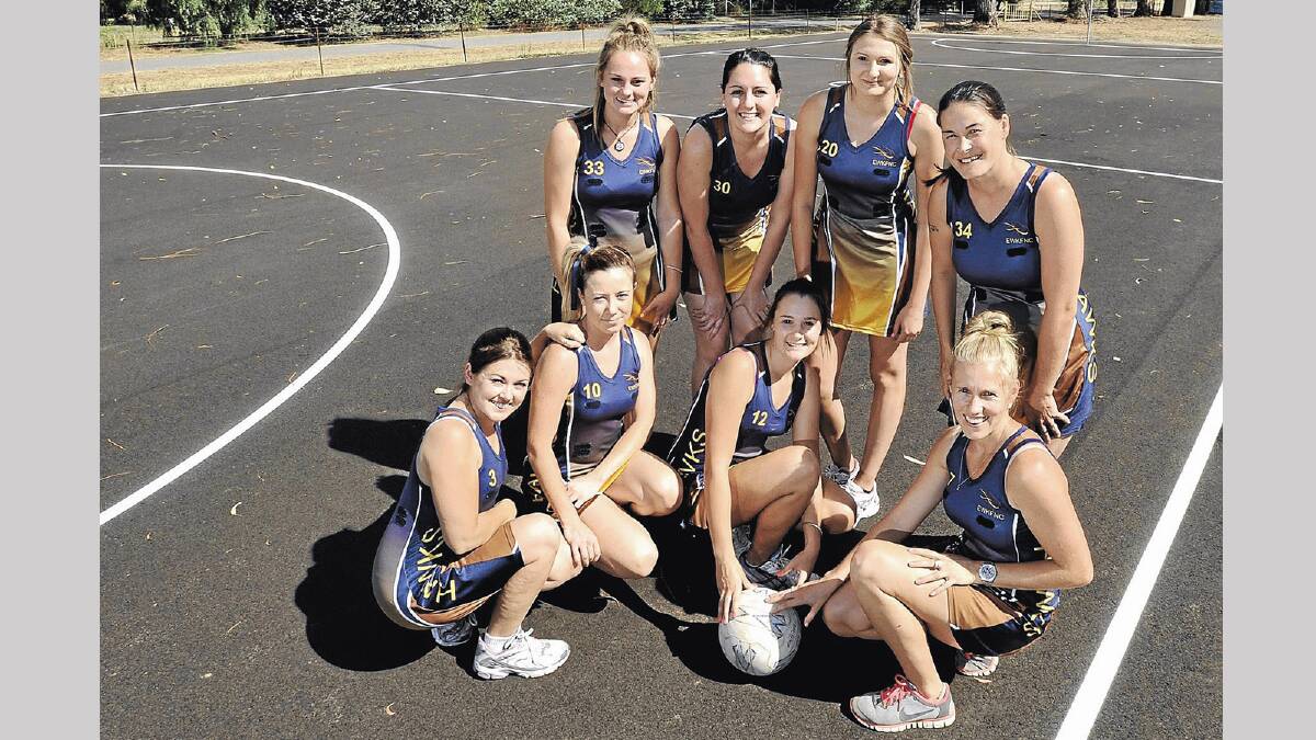 READY TO RUMBLE: East Wagga-Kooringal netballers (back row from left) Kadey Taylor, Sophie Bleyer, Tayla Robinson, Megan Shaw, (front row from left) Neisha Crichton, Kellie McPherson, Abbey Hounsell and Samara Winnel show off the upgraded netball court at Gumly Oval. Picture: Les Smith