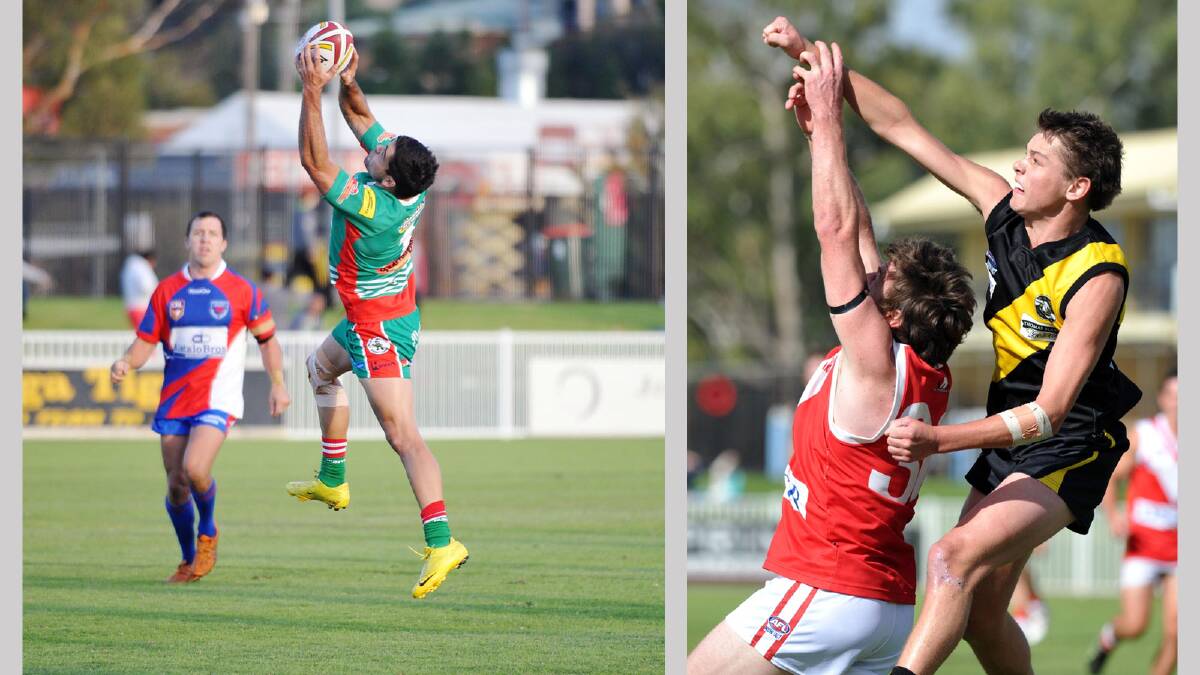(left) Liam Duffy jumps to catch the ball against Wagga Kangaroos while Nick Ryan (right) spoils Chris Gow's mark attempt in tho double header Anzac Challenge at Robertson Oval.