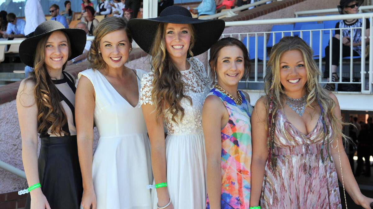 At the MTC Melbourne Cup race day are Renee Salmon, Maddie Wallace, Laura Hogan, Tempe Oke and Sarah Williams. Picture: Michael Frogley
