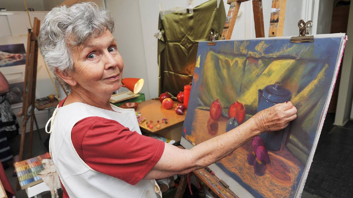 Doreen Mitchell with her still life work at the Pastel Workshop by Grace Paleg at the Art Society Studio. Picture: Alastair Brook