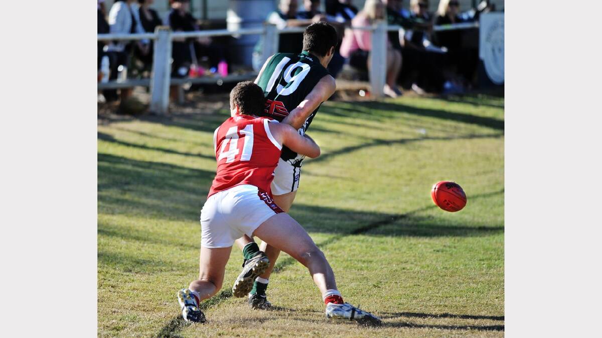 Kallam Sykes tackling Coolamon's Jake Wiggers off the ball. Picture: Alastair Brook