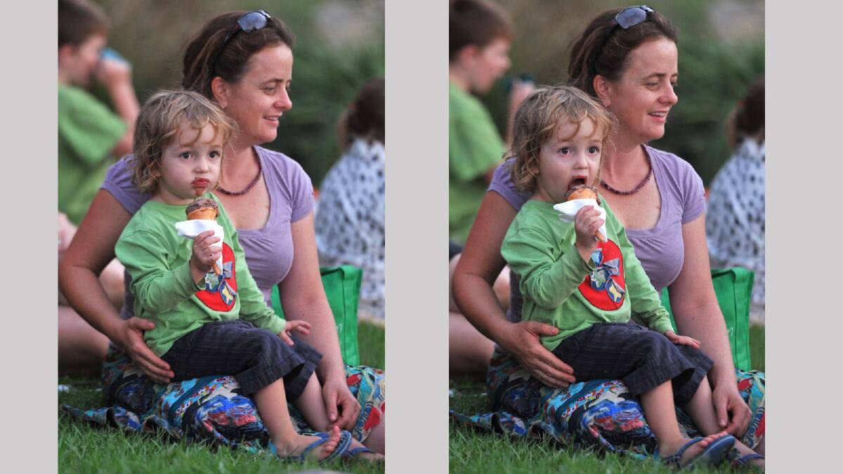 Asher McNellie, 2, enjoying his icecream with Kerry Miller at Twilight by the Lagoon. Pictures: Les Smith