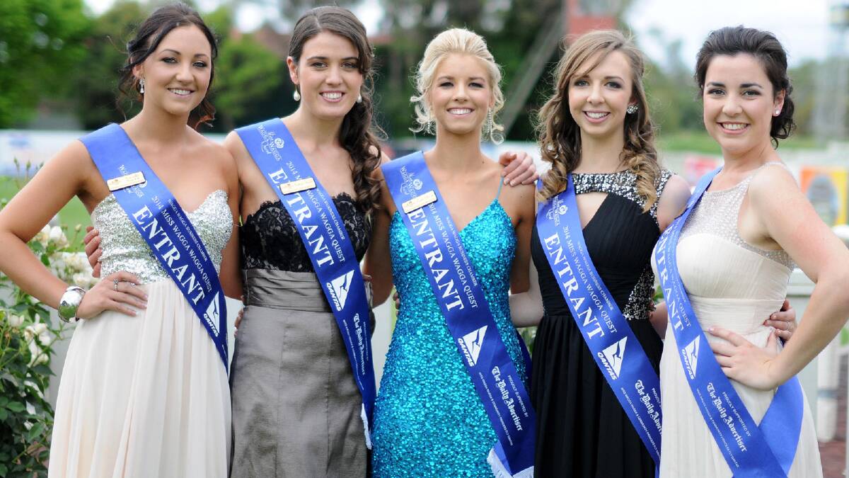 Miss Wagga 2014 crowning ceremony. Entrants Samantha Brunskill, Kathryn Brooks, Cayde Cheney, Rachel Parsons and Jane Morton. Picture: Jacinta Coyne