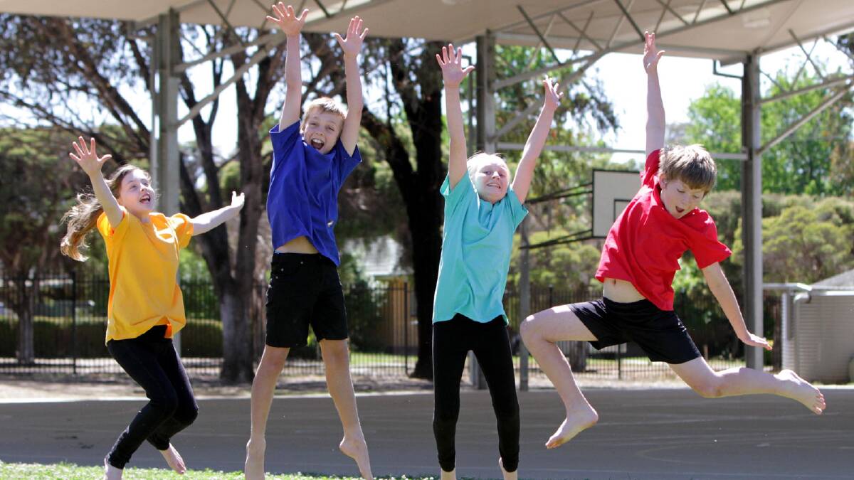  Faith Zirkzee, 10, Kyle Hockley, 11, Isabella Mohr, 11 and Cooper McMahon, 10, expend some energy at the Climate Clever Energy Savers Program at Kooringal Public School. Picture: Les Smith