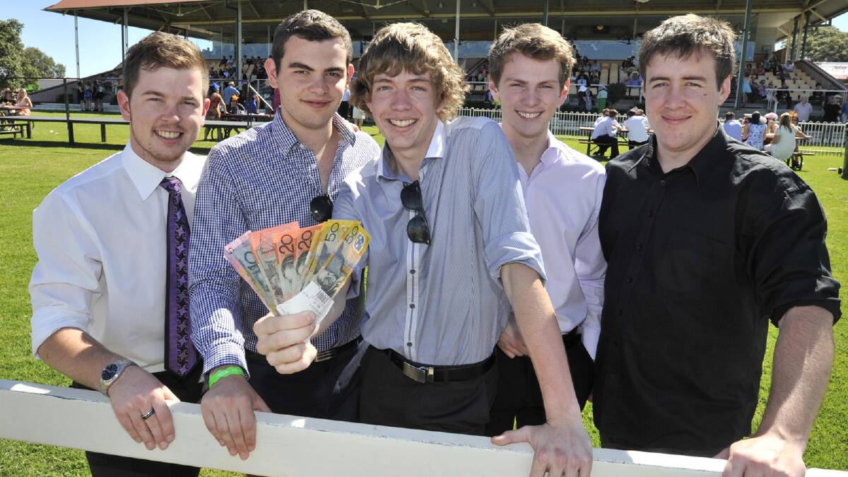 At the MTC Melbourne Cup race day are Ben Wallace, Sean O'Connor, Ben White, Brandon Johnson and Tyler Roberts. Picture: Les Smith