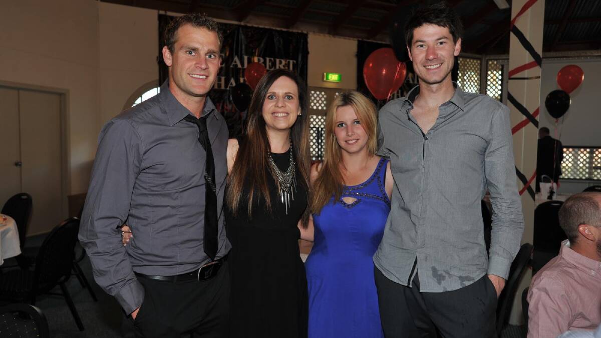 LOOKING THE PART: Gorgeous couples (from left) Steve Edwards, Holly Rose, Ella Fyfe and Robert Fry take in all the celebrations at the Lake Albert Soccer Club presentation night on Saturday.