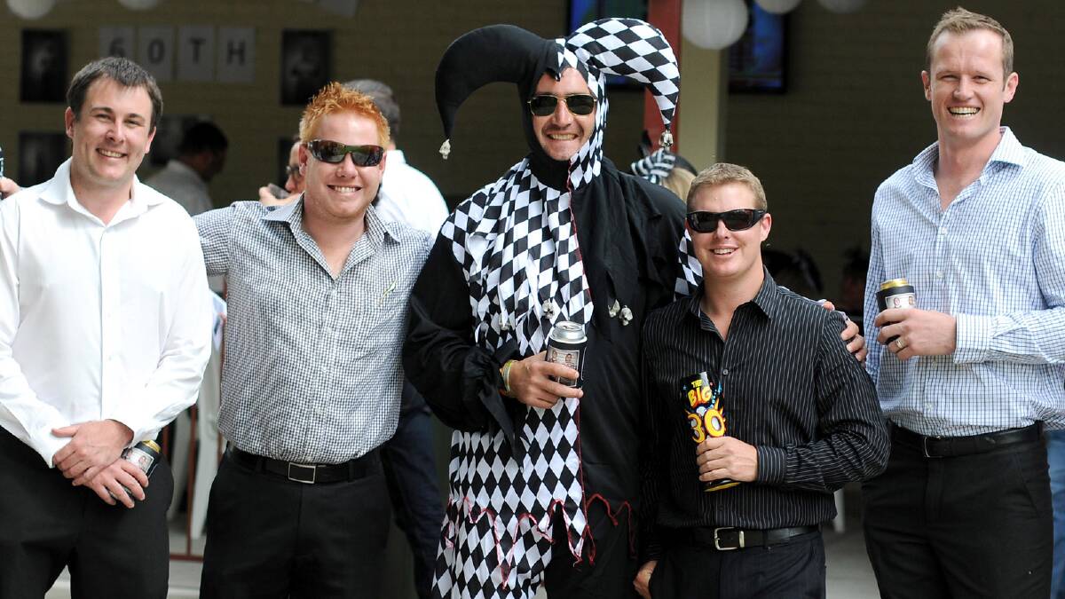 Sharing a drink at the Tumut races on Saturday are (from left) Gavin Duffy, Ben Tilden, Ged Booker, birthday boy Brad Gorman and Mick Dorahy. Picture: Jacinta Coyne
