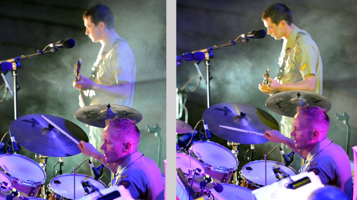 Bass guitarist Corporal Adam Corning and drummer Musician Simm Thom from the Australian Army Band Kapooka playing at Twilight by the Lagoon. Picture: Les Smith