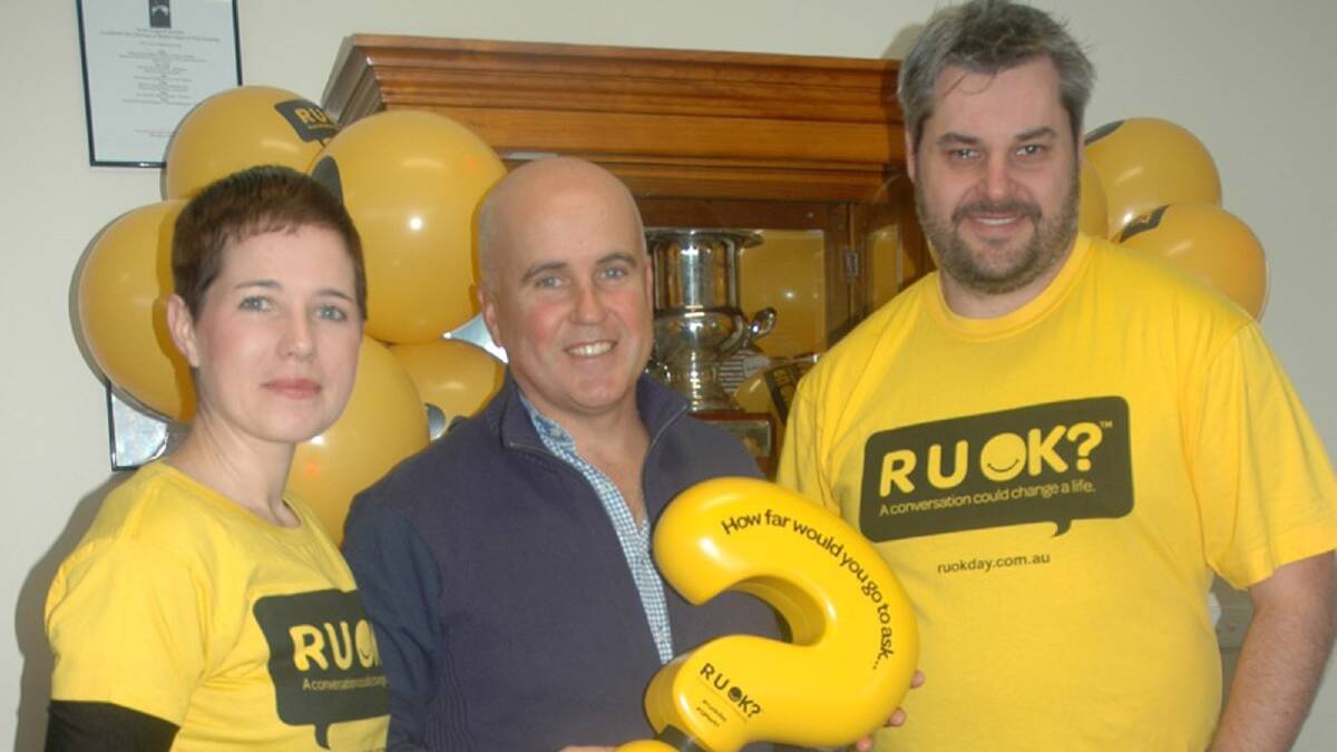 IMPORTANT QUESTION: (From left) R U OK? campaign manager Rebecca Lewis, Member for Murrumbidgee Adrian Piccoli and president of the West Wyalong Rugby Union Club Tim Long at the launch of the major suicide prevention initiative yesterday. Picture: The West Wyalong Adovcate